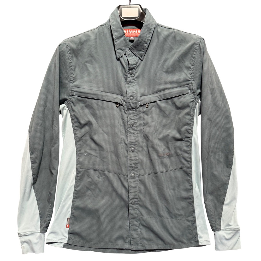 Simms Fishing Shirt Mens Small  Vented Gray  Blue Ripstop Snap Front Long Sleeve